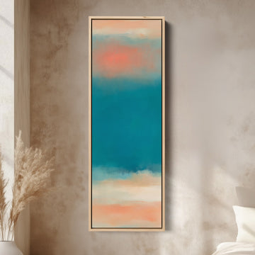 Hallway Wall Art Vertical Teal Sea Abstract with Peach Horizon canvas in an oak frame, above the bed in a modern bedroom