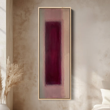 Tall Wall Art Burgundy Colour Field Abstract for Dining Room canvas in an oak frame, above the bed in a modern bedroom