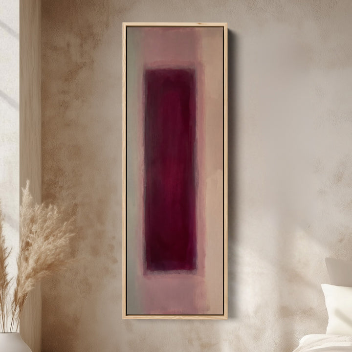 Tall Wall Art Burgundy Colour Field Abstract for Dining Room canvas in an oak frame, above the bed in a modern bedroom
