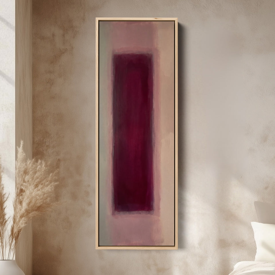 Tall Wall Art Burgundy Colour Field Abstract for Dining Room canvas in an oak frame, above the bed in a modern bedroom