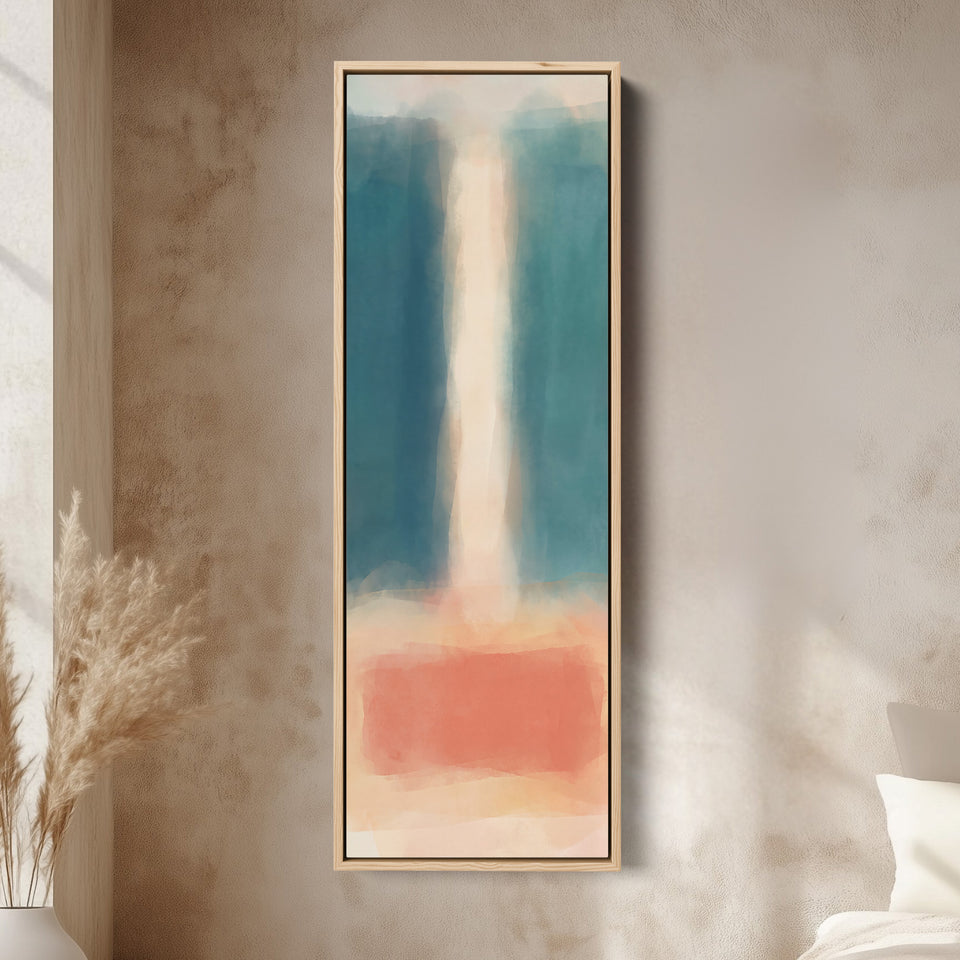 Teal and Peach Abstract Tall Narrow Wall Art for Bedroom canvas in an oak frame, above the bed in a modern bedroom