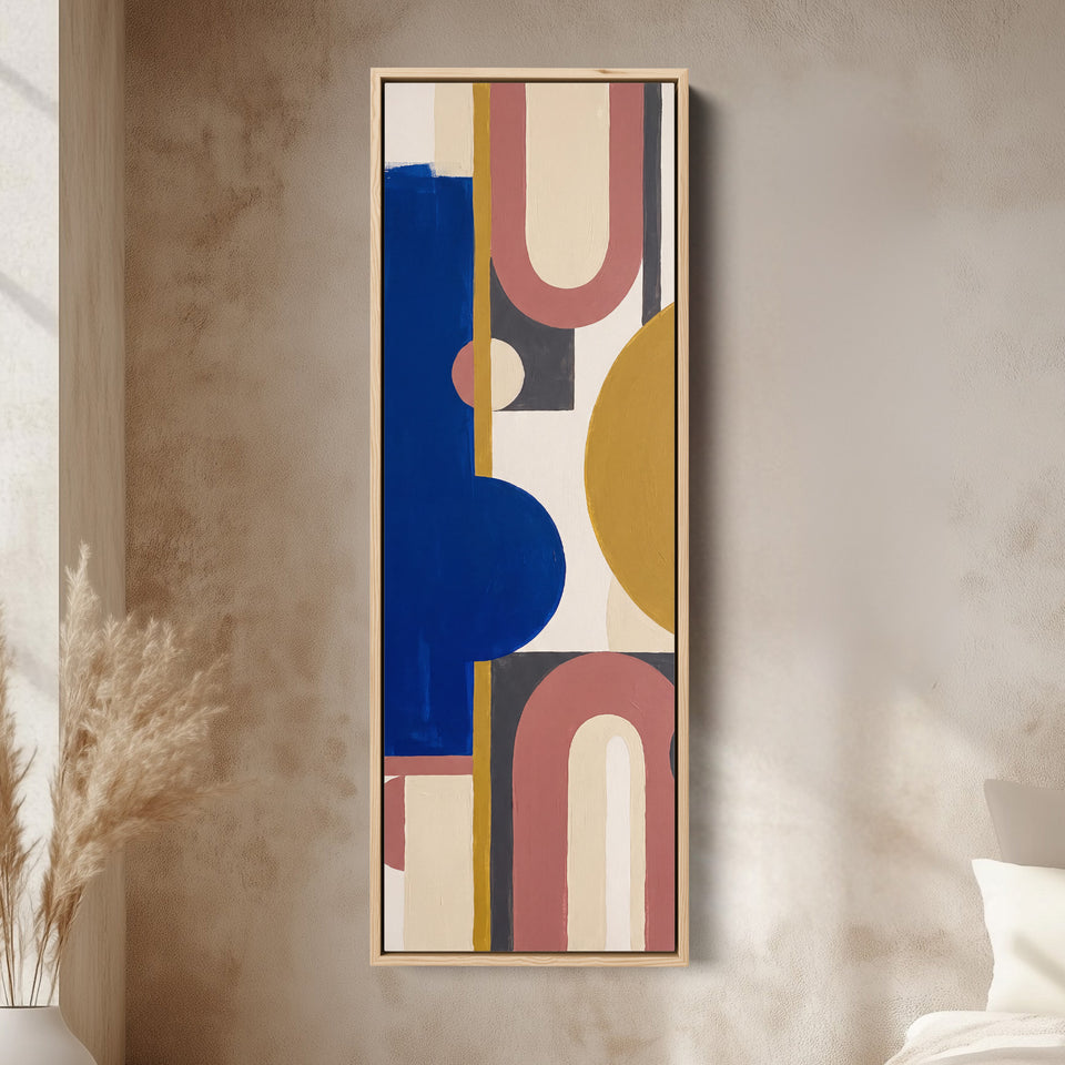 Bold Bauhaus Arches Vertical Wall Art in Cobalt Blue for Living Room canvas in an oak frame, above the bed in a modern bedroom