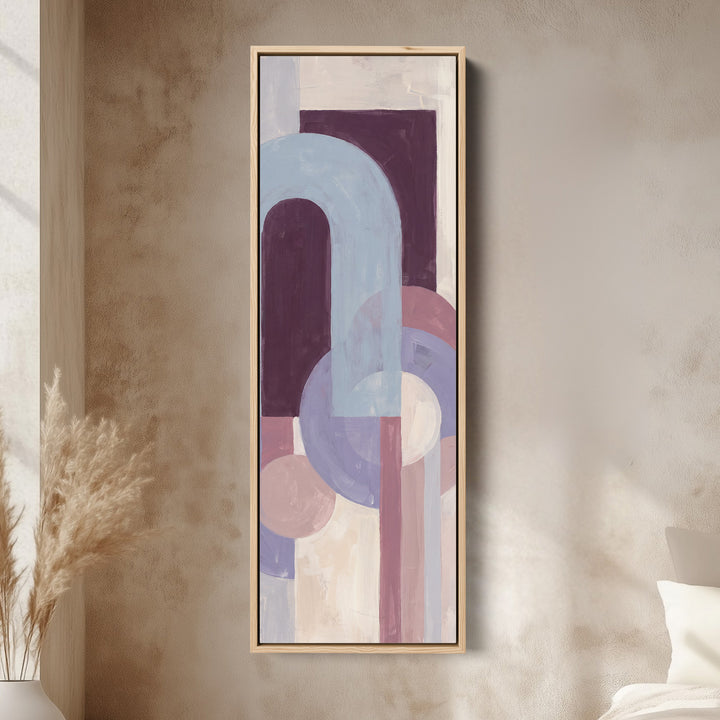 Bedroom Wall Art Tall Bauhaus Arches in Lilac and Plum canvas in an oak frame, above the bed in a modern bedroom