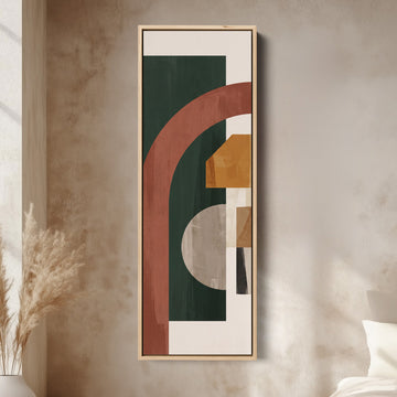 Long Narrow Wall Art Rust Arch on Forest Green Bauhaus for Office canvas in an oak frame, above the bed in a modern bedroom