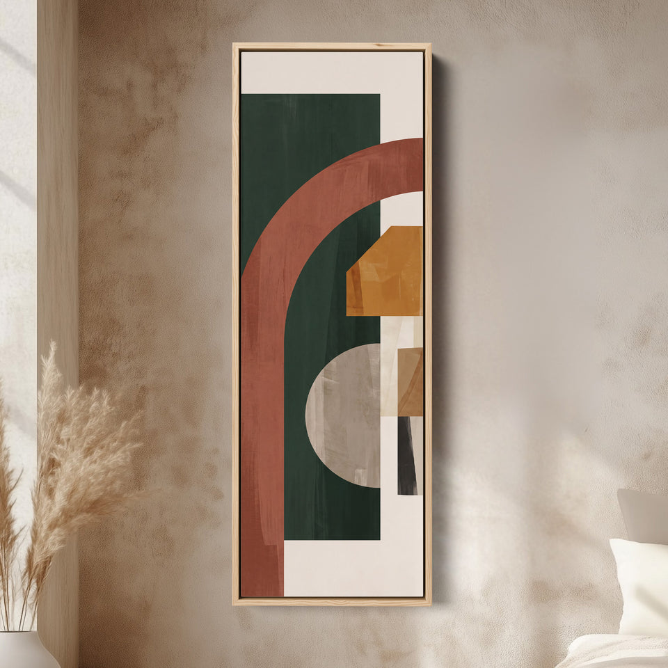 Long Narrow Wall Art Rust Arch on Forest Green Bauhaus for Office canvas in an oak frame, above the bed in a modern bedroom