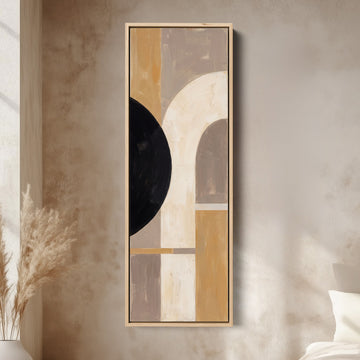 Neutral Bauhaus Arches Tall Narrow Wall Art for Hallway canvas in an oak frame, above the bed in a modern bedroom