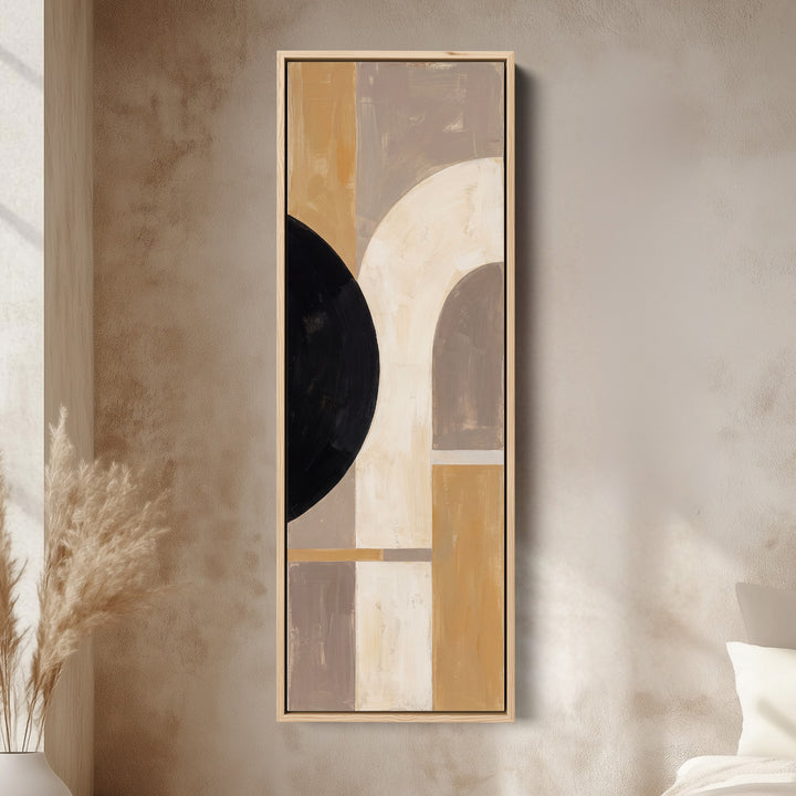 Neutral Bauhaus Arches Tall Narrow Wall Art for Hallway canvas in an oak frame, above the bed in a modern bedroom