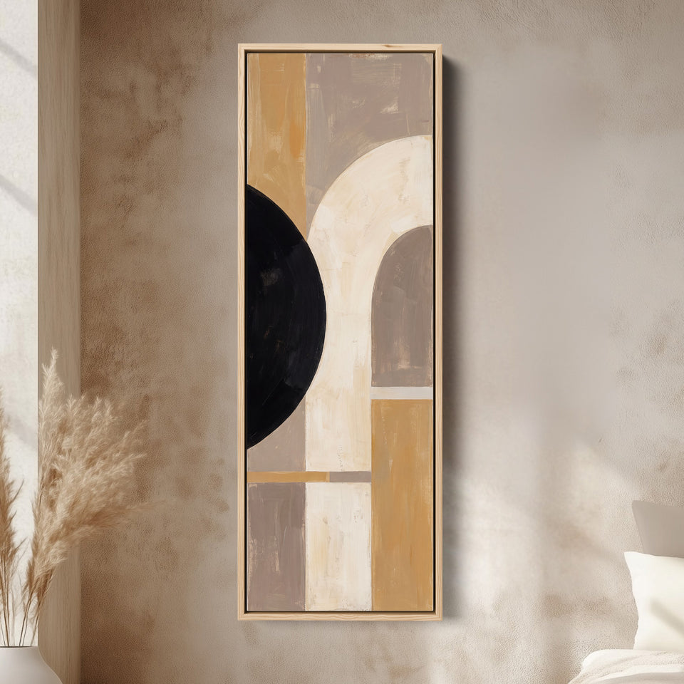 Neutral Bauhaus Arches Tall Narrow Wall Art for Hallway canvas in an oak frame, above the bed in a modern bedroom