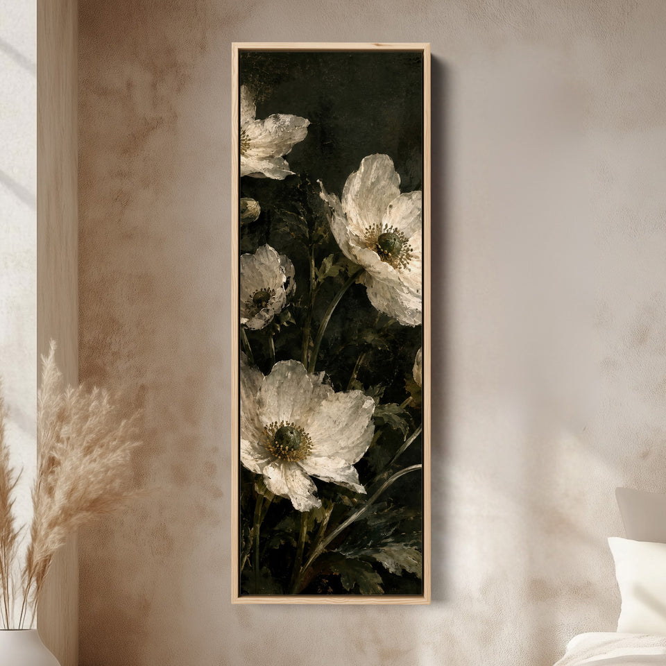 Tall Narrow Wall Art White Anemones Vintage Still Life for Dining Room canvas in an oak frame, above the bed in a modern bedroom
