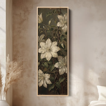 White Clematis on Dark Vertical Wall Art Vintage Botanical for Living Room canvas in an oak frame, above the bed in a modern bedroom