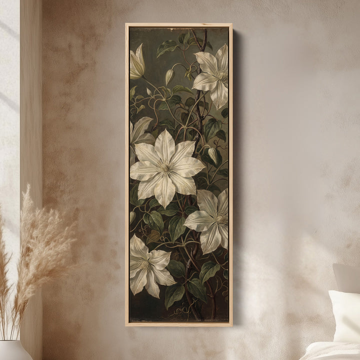 White Clematis on Dark Vertical Wall Art Vintage Botanical for Living Room canvas in an oak frame, above the bed in a modern bedroom