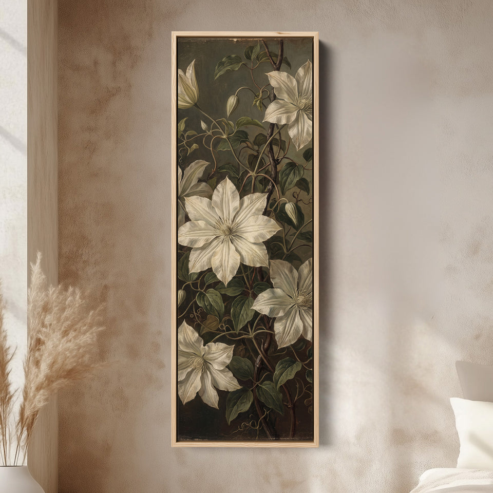 White Clematis on Dark Vertical Wall Art Vintage Botanical for Living Room canvas in an oak frame, above the bed in a modern bedroom
