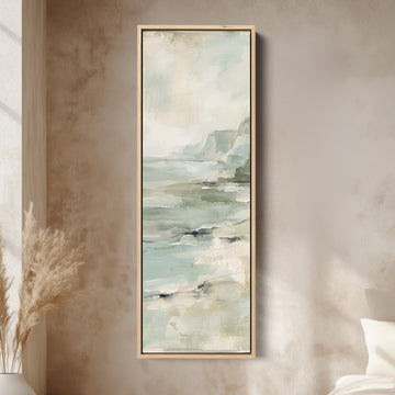 Calm Coastal Cliffs and Sea Tall Wall Art for Bedroom canvas in an oak frame, above the bed in a modern bedroom