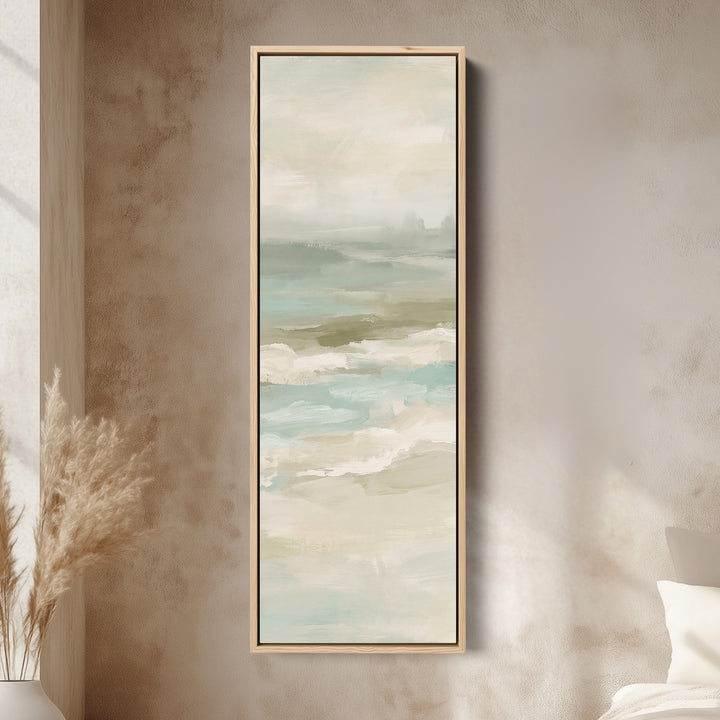 Hallway Wall Art Tall Narrow Misty Seascape in Sage and Sand canvas in an oak frame, above the bed in a modern bedroom
