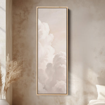 Soft Neutral Billowing White Clouds Tall Narrow Wall Art for Living Room canvas in an oak frame, above the bed in a modern bedroom