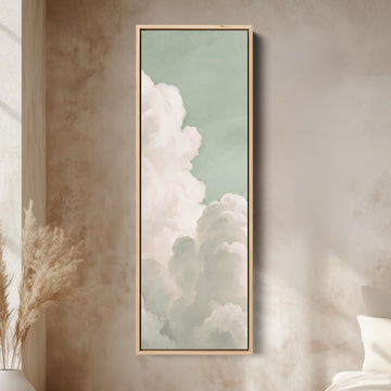Bedroom Wall Art Vertical White Clouds on a Mint Sky canvas in an oak frame, above the bed in a modern bedroom