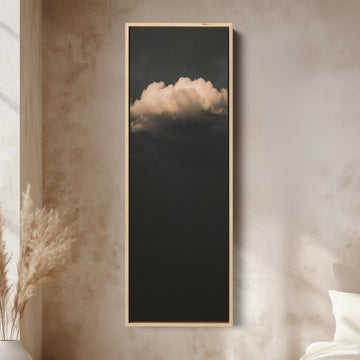 Tall Wall Art Single Cloud on Charcoal Minimalist for Office canvas in an oak frame, above the bed in a modern bedroom