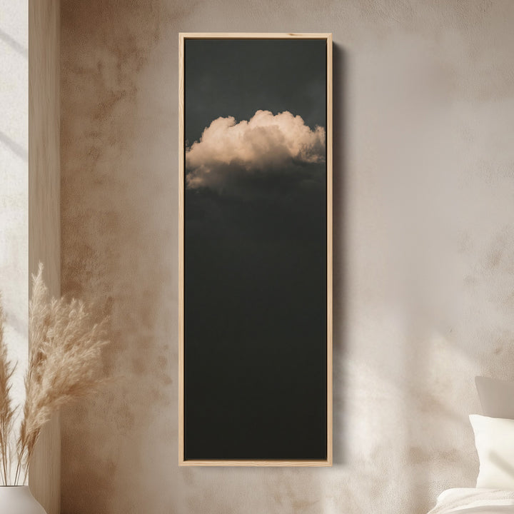 Tall Wall Art Single Cloud on Charcoal Minimalist for Office canvas in an oak frame, above the bed in a modern bedroom