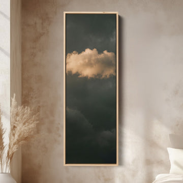 Golden Cloud on Dark Green Tall Narrow Wall Art for Living Room canvas in an oak frame, above the bed in a modern bedroom