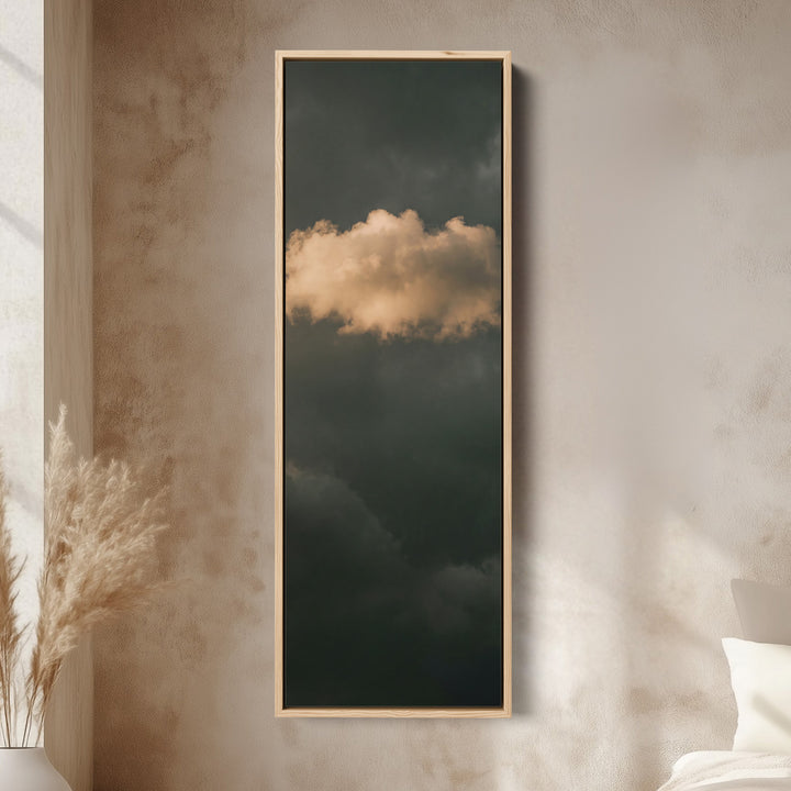 Golden Cloud on Dark Green Tall Narrow Wall Art for Living Room canvas in an oak frame, above the bed in a modern bedroom