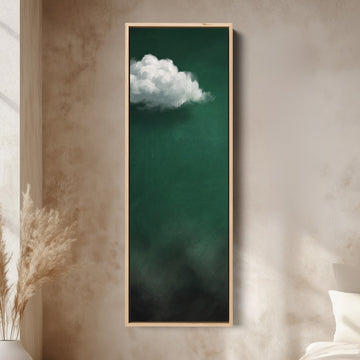 Living Room Wall Art Tall White Cloud on Emerald Green canvas in an oak frame, above the bed in a modern bedroom