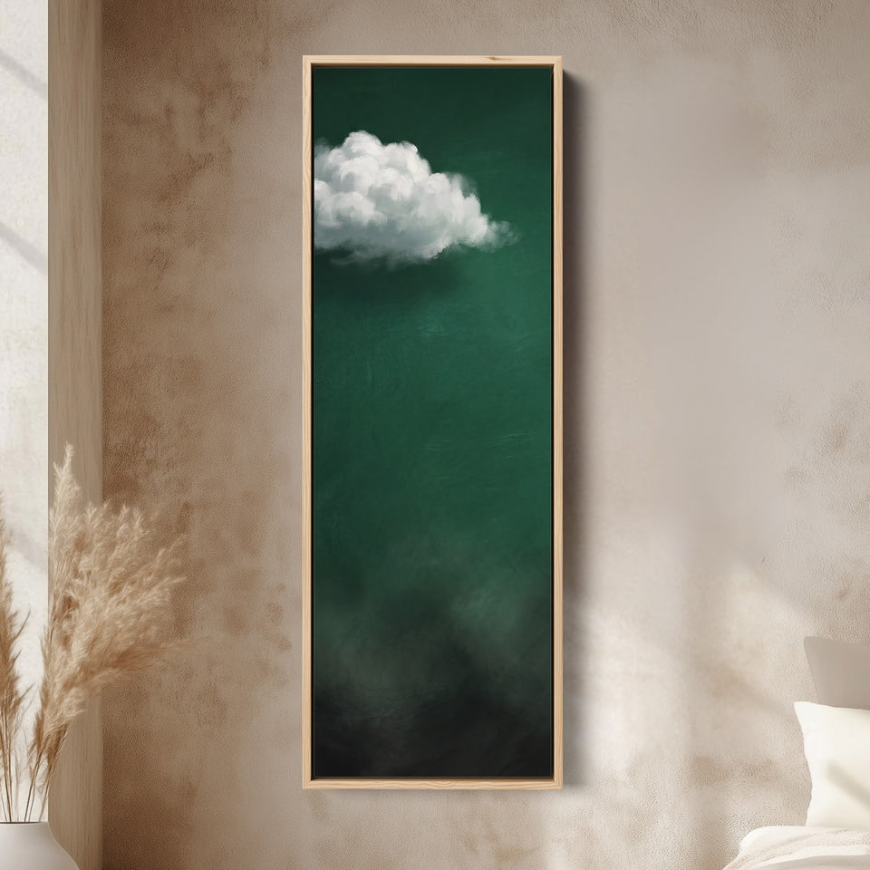 Living Room Wall Art Tall White Cloud on Emerald Green canvas in an oak frame, above the bed in a modern bedroom