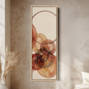 Warm Earthy Watercolor Circles Tall Narrow Wall Art for Living Room canvas in an oak frame, above the bed in a modern bedroom