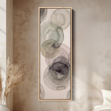 Office Wall Art Vertical Grey Watercolor Circles Abstract canvas in an oak frame, above the bed in a modern bedroom