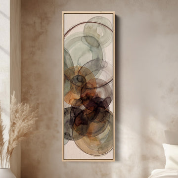 Tall Wall Art Rust and Sage Watercolor Circles Abstract for Dining Room canvas in an oak frame, above the bed in a modern bedroom