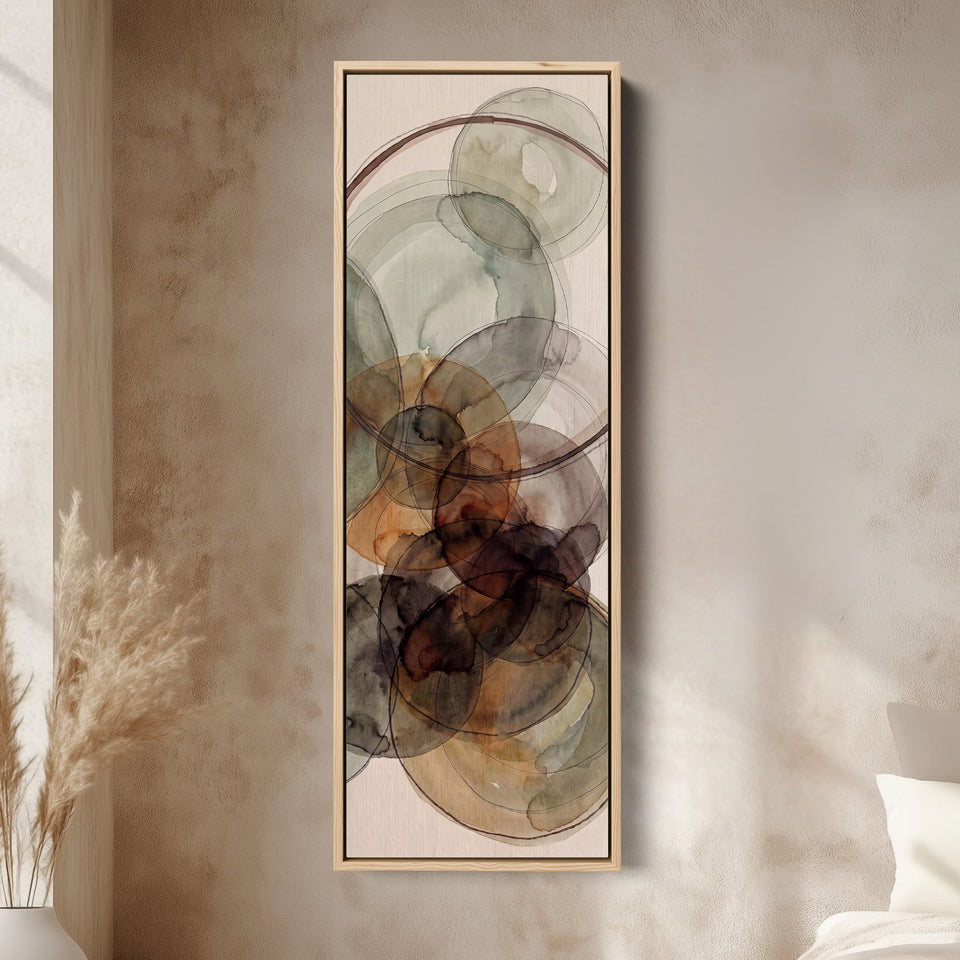 Tall Wall Art Rust and Sage Watercolor Circles Abstract for Dining Room canvas in an oak frame, above the bed in a modern bedroom