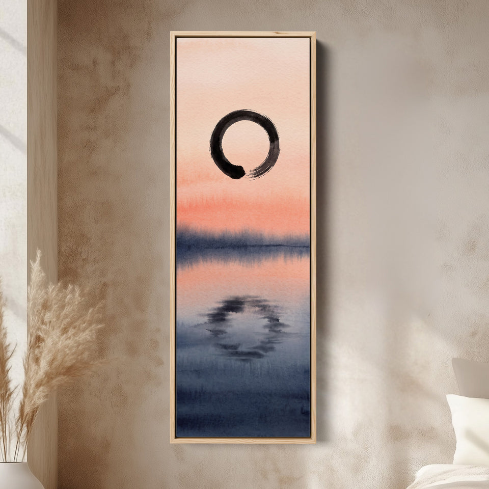 Enso Circle Over a Sunset Lake Tall Narrow Wall Art Japanese Style canvas in an oak frame, above the bed in a modern bedroom