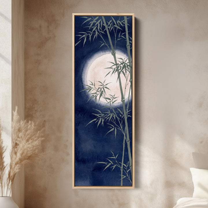 Peaceful Japanese Bamboo and Full Moon Vertical Wall Art for Bedroom canvas in an oak frame, above the bed in a modern bedroom