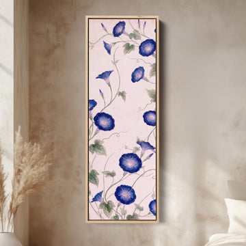 Living Room Wall Art Tall Narrow Blue Morning Glory Vines canvas in an oak frame, above the bed in a modern bedroom
