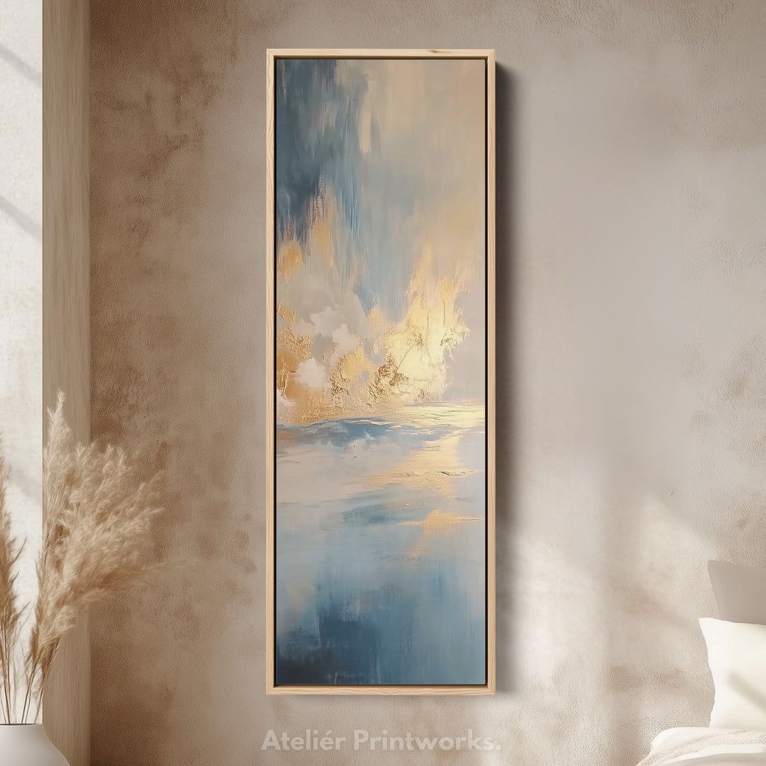 Large Framed Pictures - Abstract Blue & Gold Ocean Vertical Long Wall Art