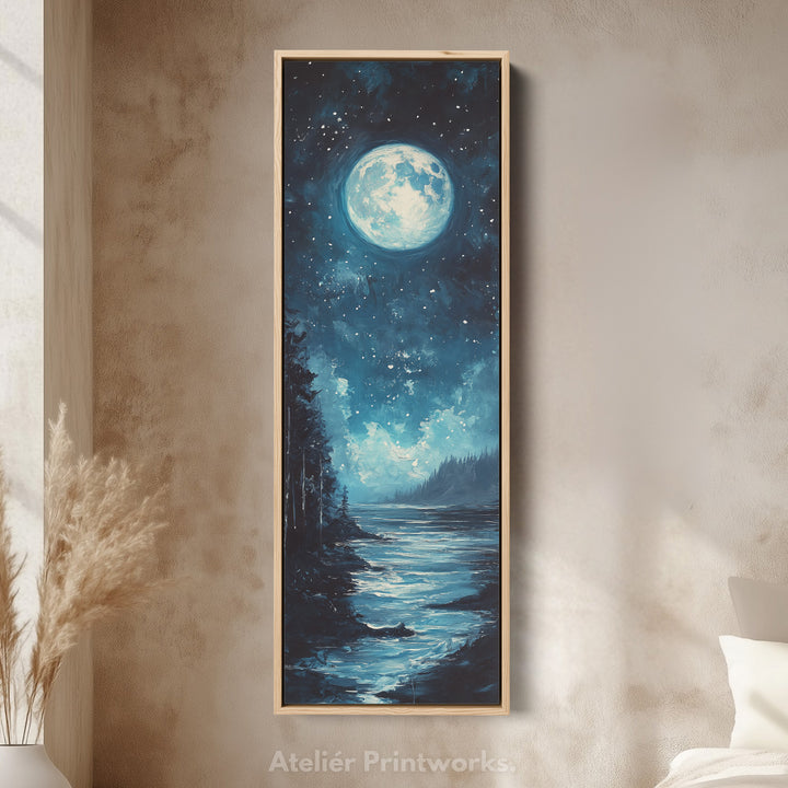 Moonlit Forest Night Vertical Narrow Long Wall Art Canvas