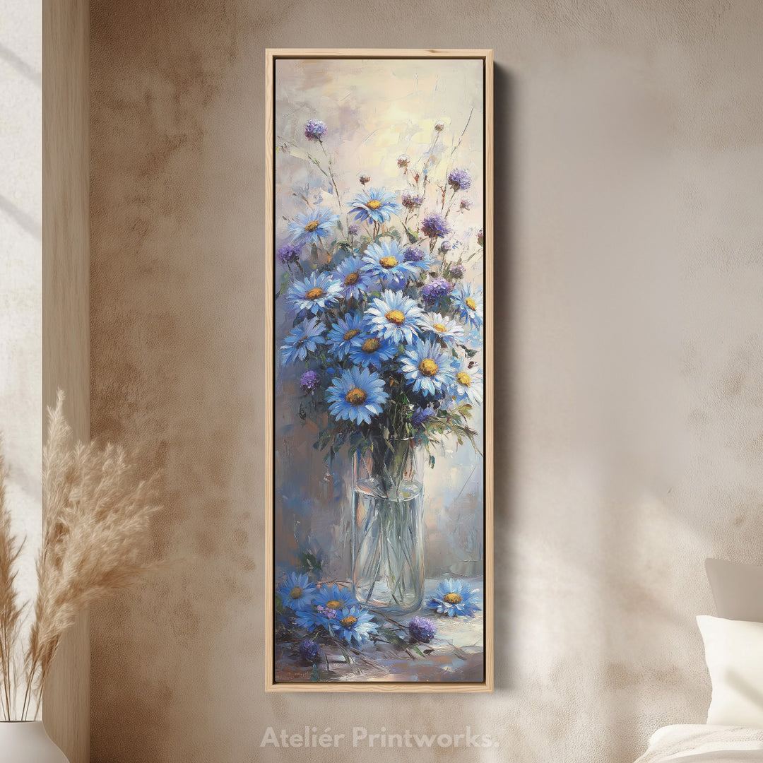 Blue Daisies Vertical Tall Wall Art Large Framed Canvas
