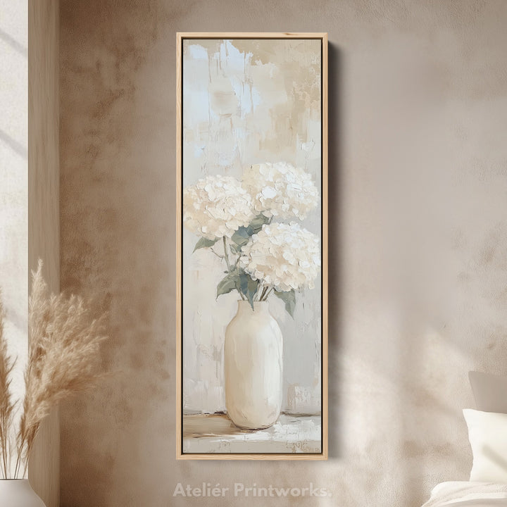 Tall Vertical Framed Canvas Beige Hydrangeas