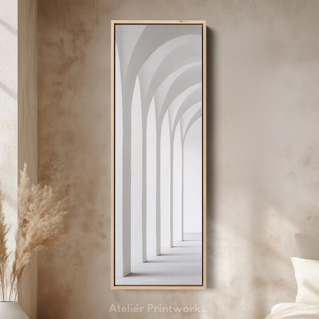 Longue toile verticale encadrée art mural minimaliste arche blanche
