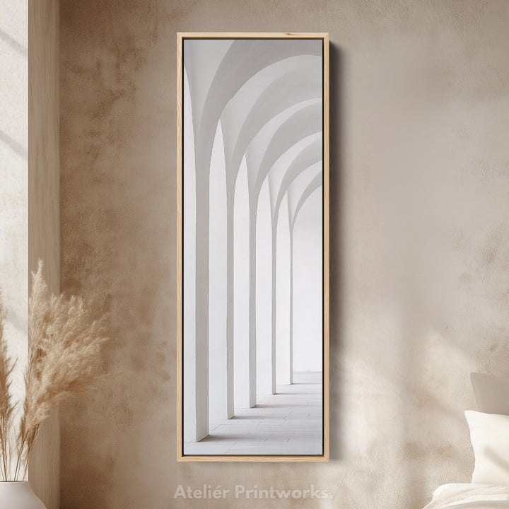Longue toile verticale encadrée art mural minimaliste arche blanche