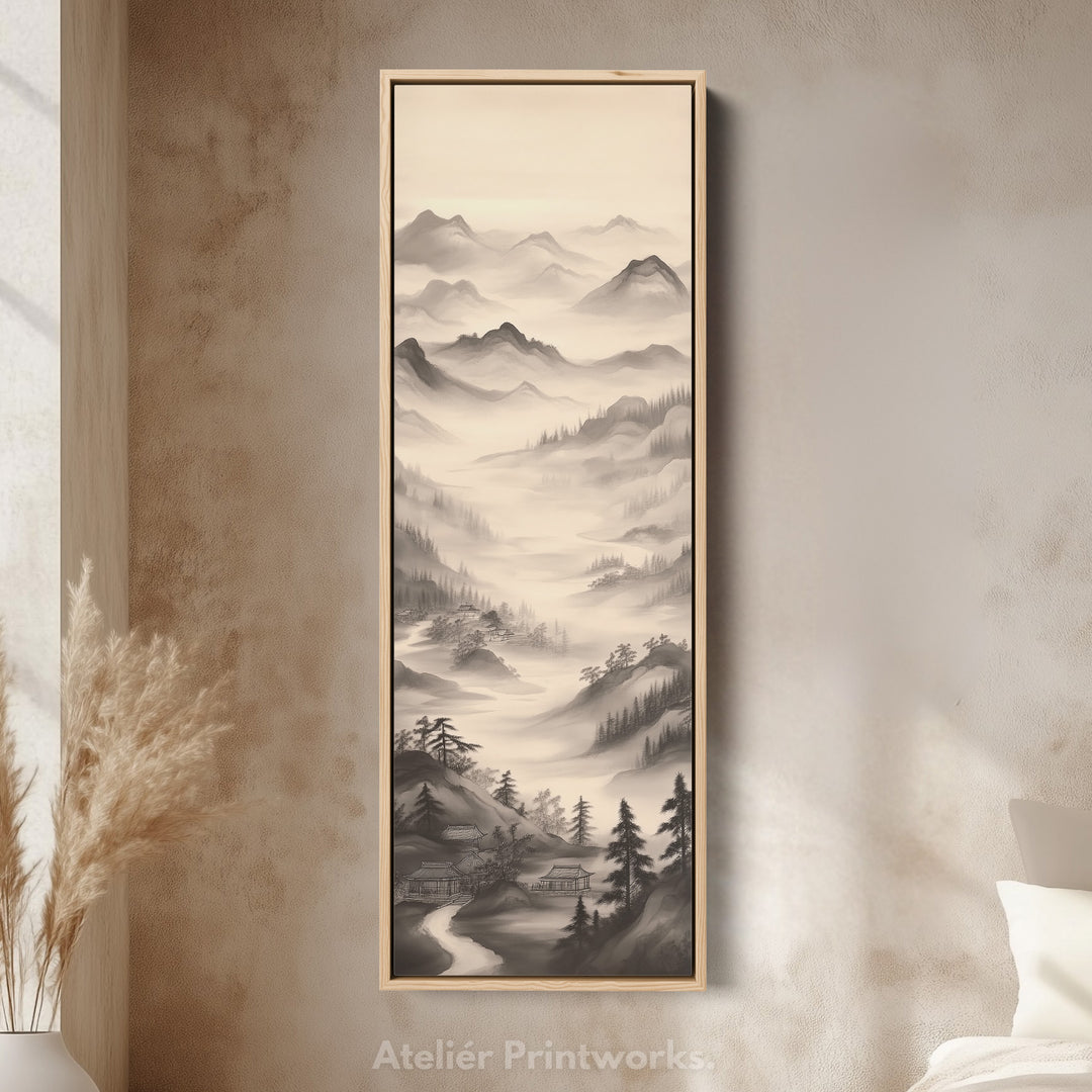 Vertical Chinese Landscape Painting Long Framed Canvas Decor