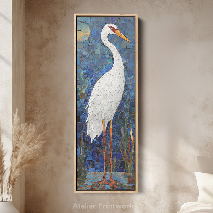 Vertical Hallway Mosaic White Crane Wall Art Long & Narrow