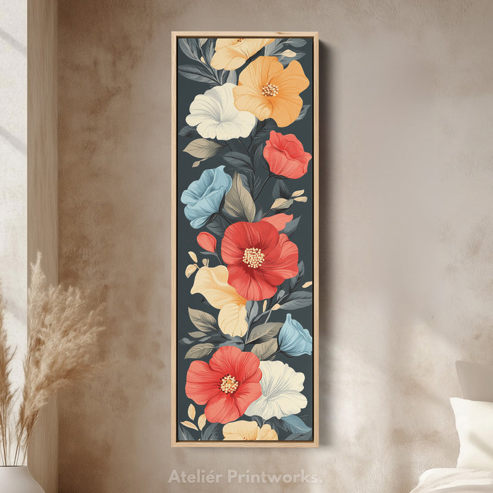 Décoration murale verticale florale rouge et jaune.