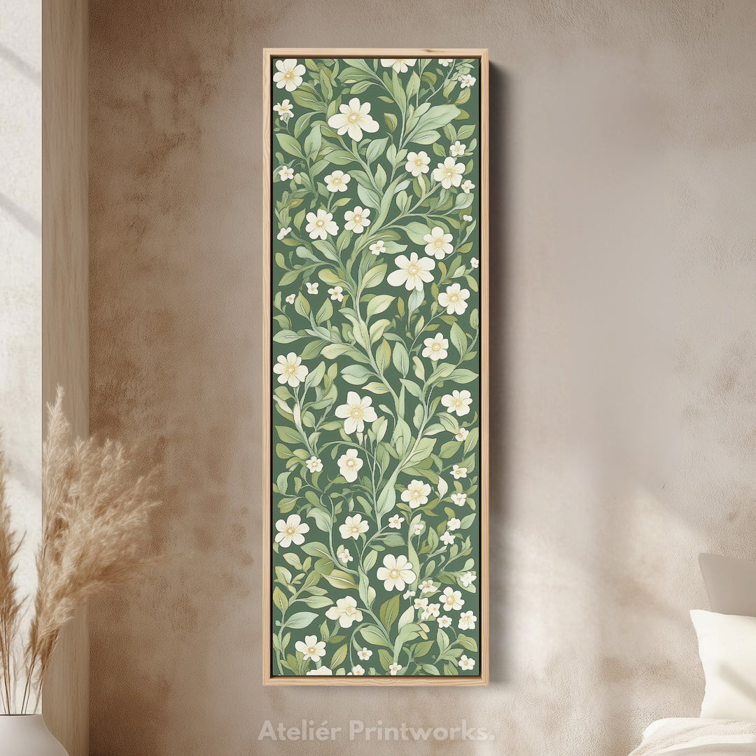 Toile encadrée verticale étroite à motifs floraux blancs et verts