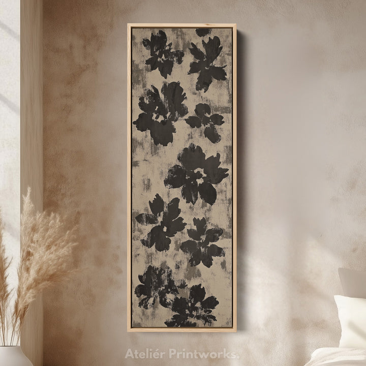 Black Abstract Floral Vertical Long Framed Canvas Wall Art