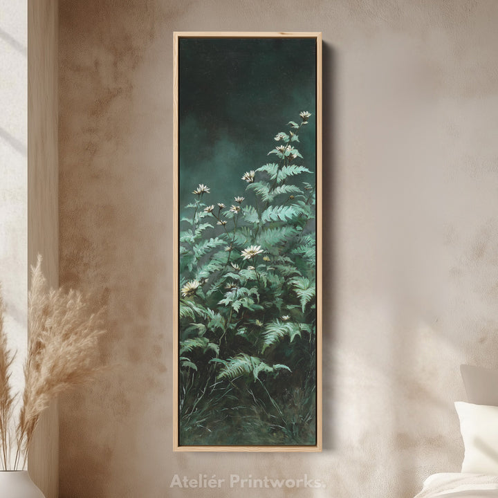 Toile encadrée verticale vert foncé – Accent mural fin de fleurs sauvages