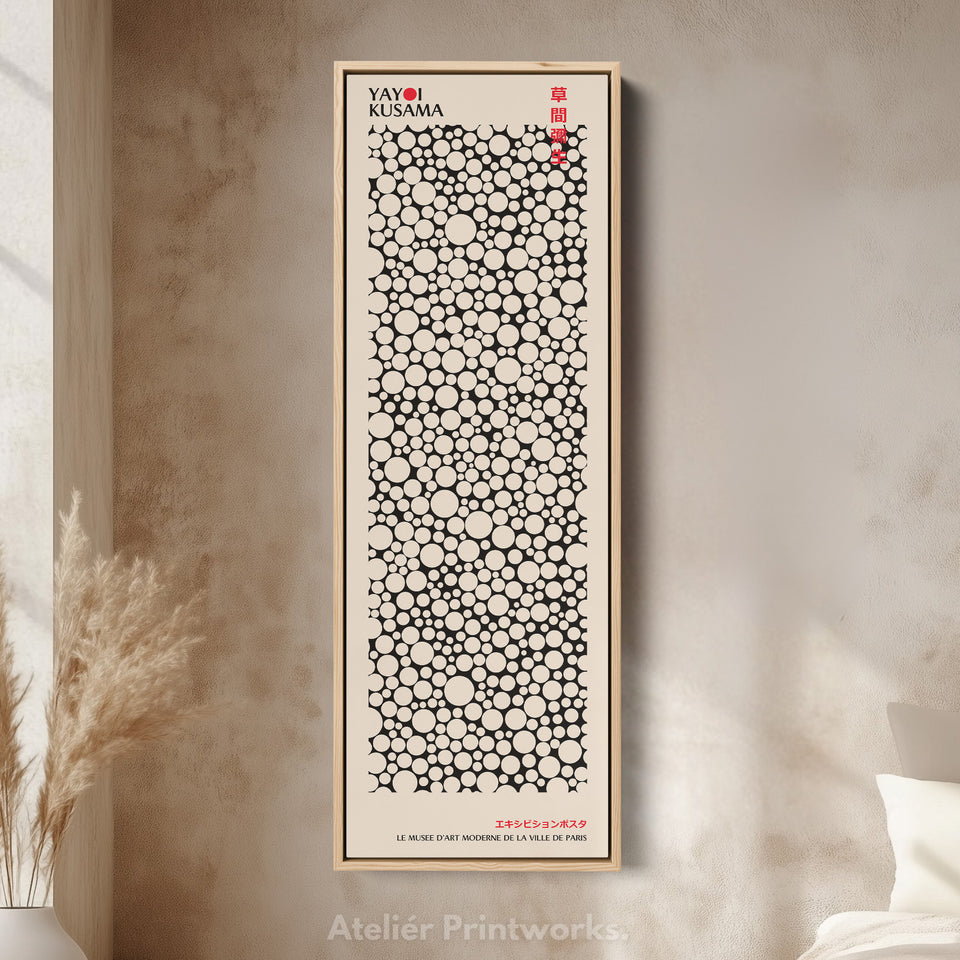Yayoi Kusama stijl lang omlijst canvas – groot verticaal Japanse abstracte wandkunst, Japandi stijl, Japanse posterafdruk