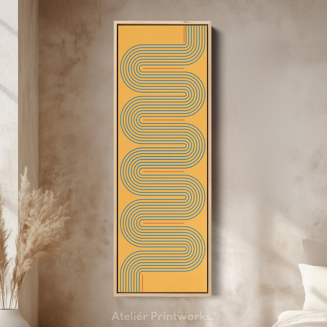 Playful Retro Curves Mustard Vertical Framed Canvas for Bedroom or Creative Workspace