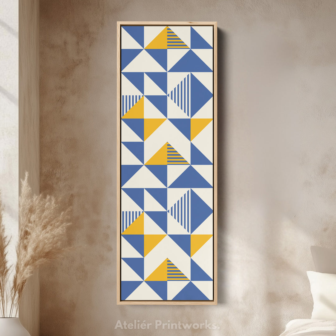 Retro Blue and Yellow Triangles Vertical Framed Canvas Wall Art for Bedroom or Hallway