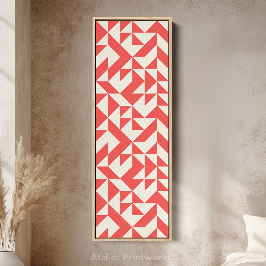 Art mural sur toile encadrée verticale avec triangles rouges audacieux pour salon ou studio