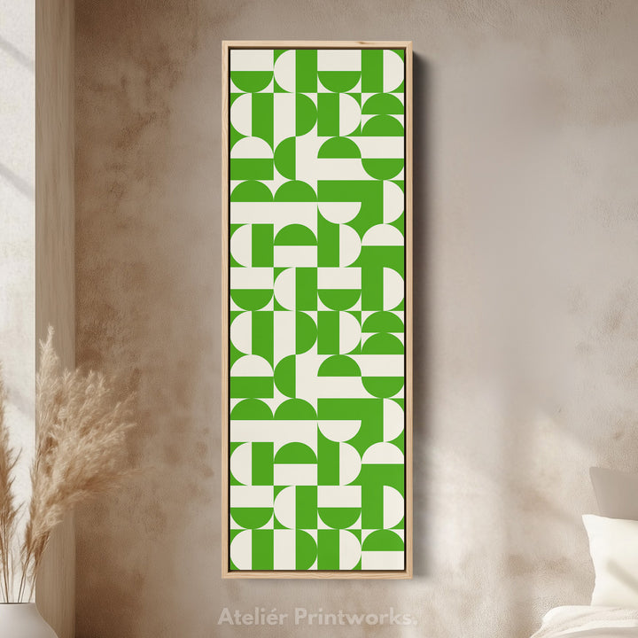 Art mural sur toile encadrée verticale avec cercles verts géométriques pour couloir ou bureau